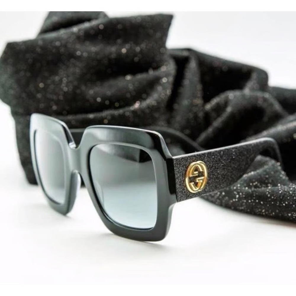 Gucci Oversized Square Frame Glitter Black Sunglasses New in Case